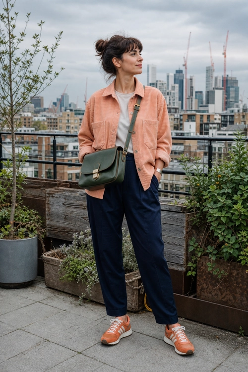 A coral overshirt with navy trousers, orange sneakers, and a dark green crossbody bag.