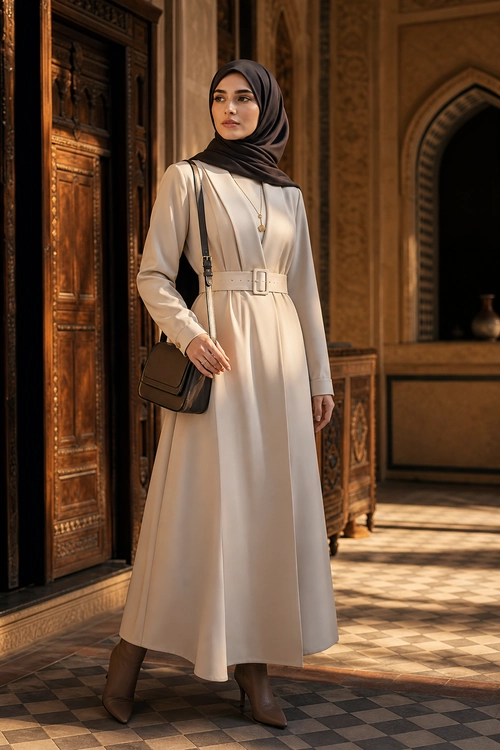 Elegant Cream Belted Maxi Dress A woman wears a cream long-sleeve belted maxi dress with a dark brown hijab, brown crossbody bag, pendant necklace, and ankle boots.