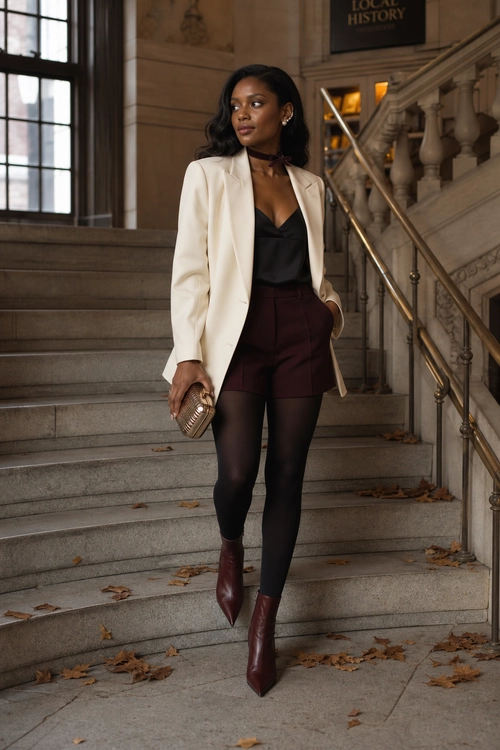 A woman wears a cream blazer over a black camisole with burgundy shorts, black tights, and burgundy pointed ankle boots on a staircase.