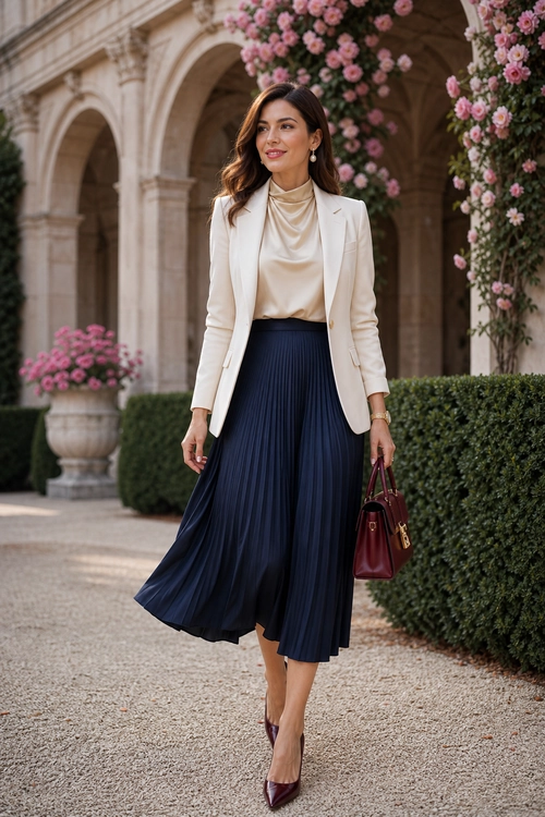 Cream Blazer and Navy Pleated Skirt Outfit A woman wears a cream blazer over a draped satin blouse with a navy pleated midi skirt, burgundy pointed pumps, and a matching structured handbag.