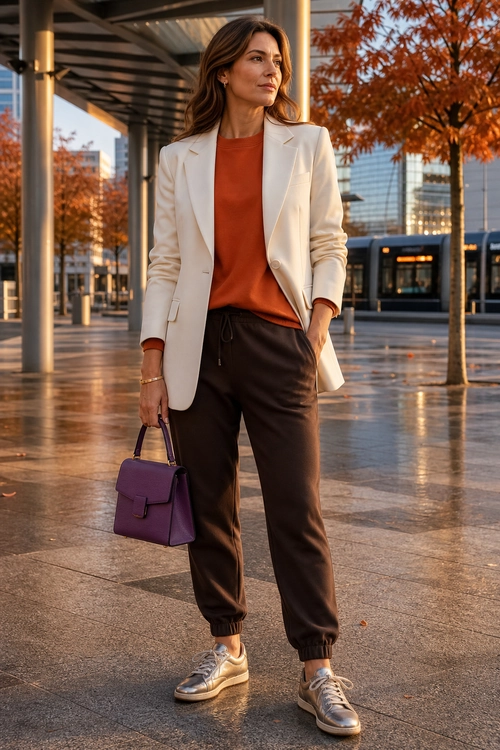 Cream Blazer and Rust Top Outfit A woman wears a cream blazer over a rust-colored top with dark brown jogger trousers, metallic sneakers, and a purple handbag.