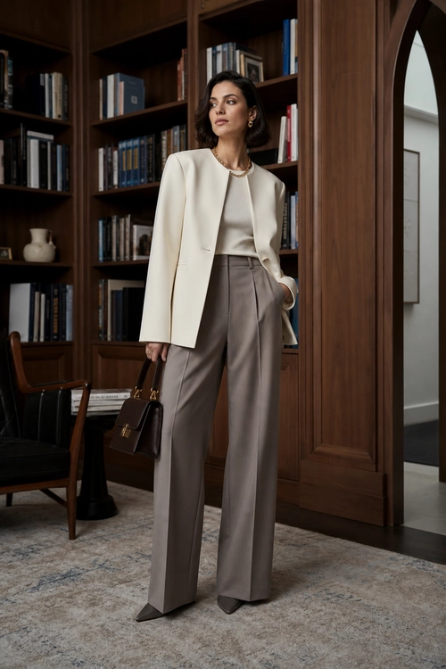Cream Blazer and Taupe Trousers A woman wears a cream collarless blazer over a satin blouse with taupe wide-leg trousers, pointed shoes, and a dark structured handbag.