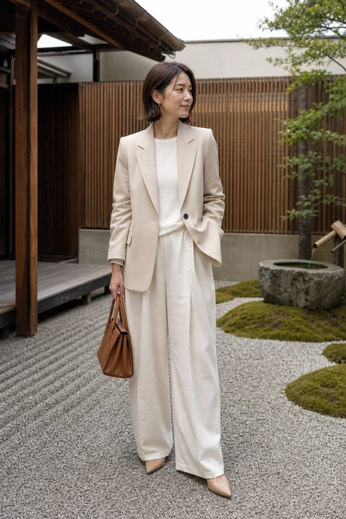 Cream Blazer and Wide-Leg Trousers A person wears a cream blazer over a light top with matching wide-leg trousers, pointed shoes, and a brown leather handbag.