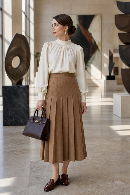 Cream Blouse and Pleated Midi Skirt Outfit A cream high-neck blouse with voluminous sleeves is styled with a camel pleated midi skirt, brown handbag, and dark brown loafers.