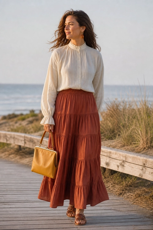 Cream Blouse and Rust Tiered Skirt Woman wearing a cream high-neck blouse, rust tiered maxi skirt, tan handbag, and brown sandals on a boardwalk.