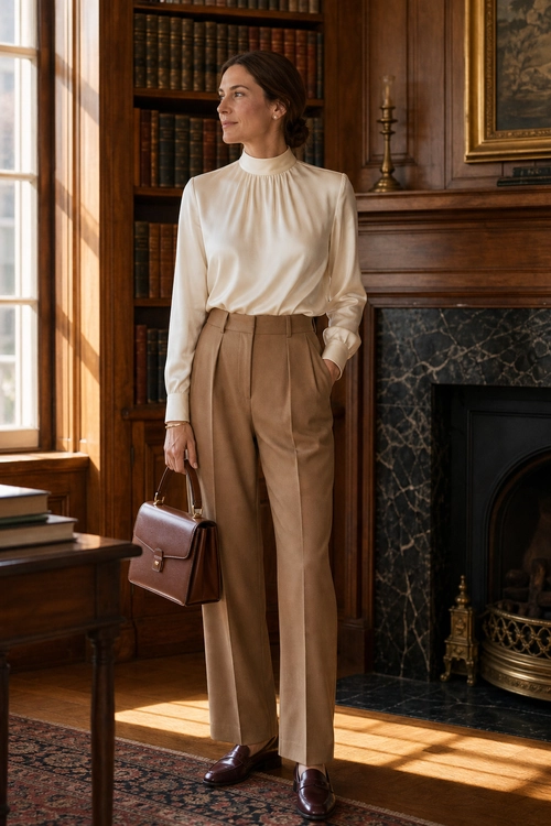 Cream Blouse and Tailored Trousers A woman wears a cream high-neck blouse with beige pleated trousers, brown loafers, and a structured leather handbag.