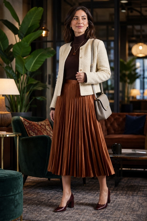 A woman wears a cream textured cardigan over a brown turtleneck with a brown pleated midi skirt, burgundy heels, and a gray shoulder bag.
