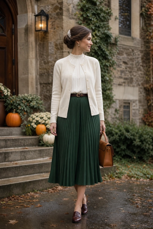 Cream Cardigan and Green Pleated Skirt Outfit A woman wears a cream cardigan over a high-neck top with a dark green pleated midi skirt, brown belt, leather handbag, and loafers.