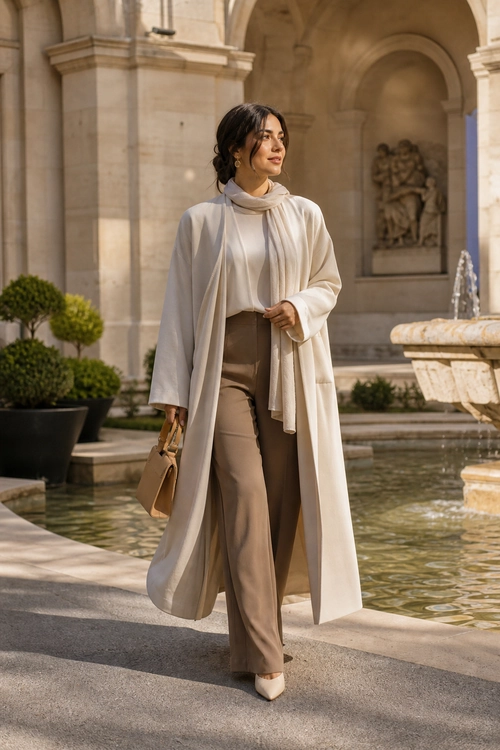 Elegant Cream Coat and Taupe Trousers Woman wearing a long cream coat, draped scarf, taupe trousers, pointed flats, and a tan handbag.