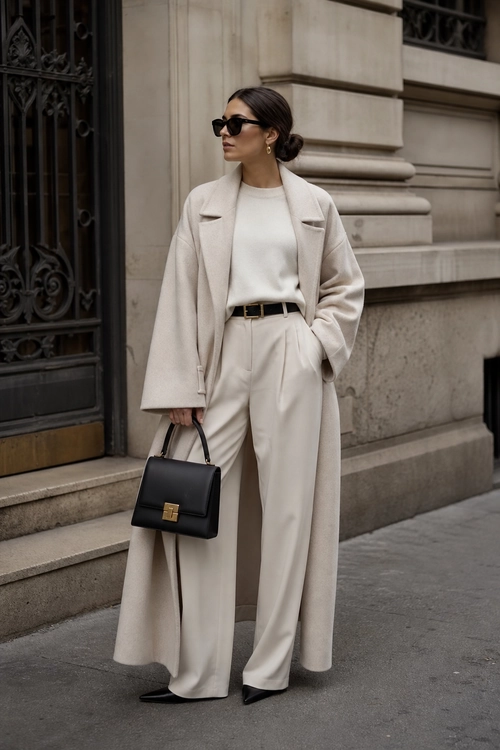 Elegant Cream Coat Outfit A woman wears a long cream coat over a matching top and wide-leg trousers with black accessories.