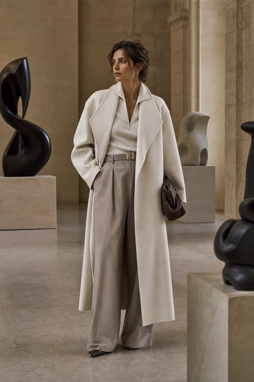 Elegant Cream Coat and Wide-Leg Trousers A woman wears a long cream coat over a light beige top and wide-leg trousers with a brown handbag in a minimalist gallery setting.