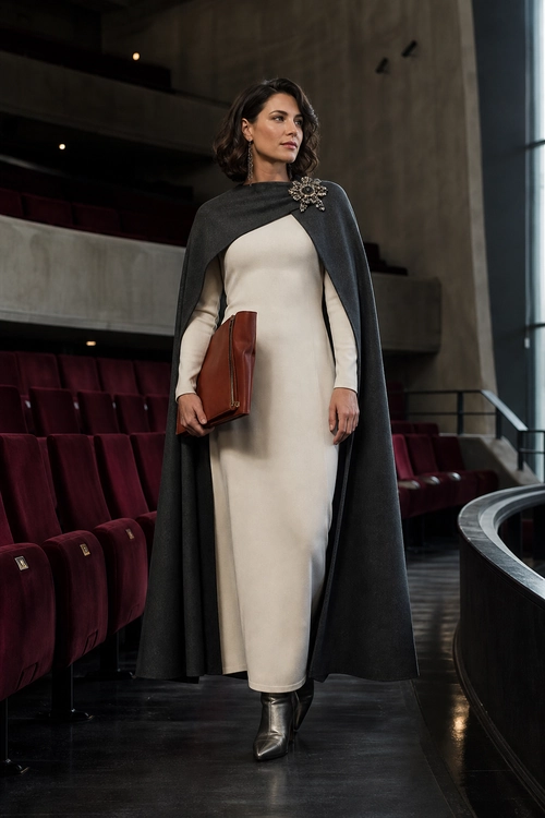 Cream Dress with Charcoal Cape A woman wears a long cream dress with a charcoal cape, decorative brooch, brown clutch, and metallic ankle boots.