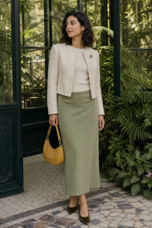 Cream Jacket and Sage Midi Skirt Outfit A woman wears a cream collarless jacket over a matching knit top with a sage green midi skirt, mustard handbag, and brown pointed shoes.