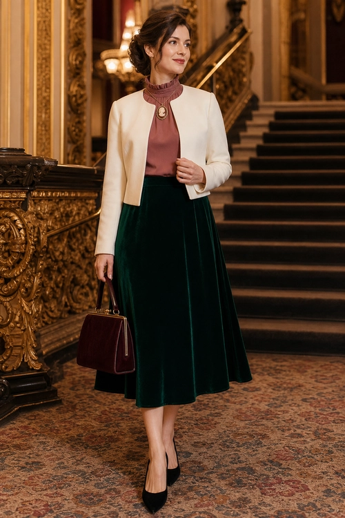 Elegant Cream Jacket and Velvet Skirt Outfit Woman wearing a cream jacket over a dusty rose blouse with a dark green velvet midi skirt, burgundy handbag, and black pointed heels.