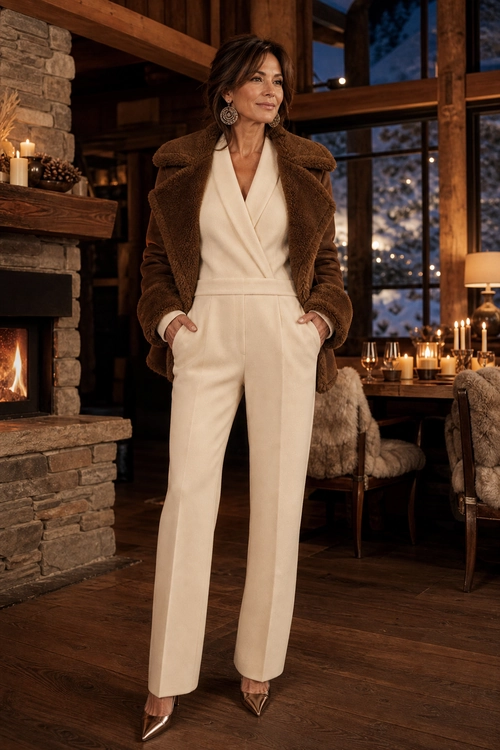 A woman wears an ivory wrap-style jumpsuit with a brown textured jacket, statement earrings, and pointed metallic heels.