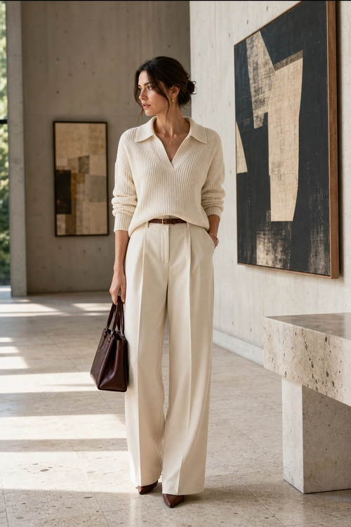 A woman wears a cream ribbed collared sweater with wide-leg trousers, a brown belt, dark brown handbag, and pointed shoes.