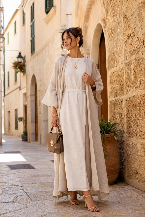 Woman wearing a cream maxi dress with a flowing open cardigan, strappy sandals, a structured brown handbag, and gold jewelry.