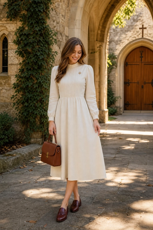 Cream Midi Dress with Brown Accessories A woman wears a cream long-sleeve midi dress with a small brooch, brown leather handbag, and dark brown loafers.