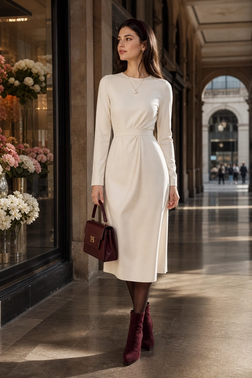Cream Midi Dress with Burgundy Accessories A woman wears a cream long-sleeve midi dress with burgundy ankle boots and a structured burgundy handbag.