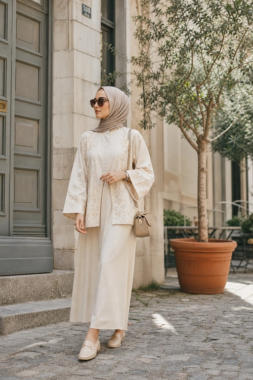 A woman wearing a cream hijab, sunglasses, a long patterned tunic, wide-leg trousers, loafers, and a small tan handbag outdoors.