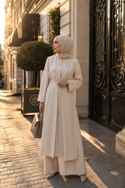 A woman wearing a cream hijab, belted long tunic, wide-leg trousers, pointed shoes, and a structured handbag on a city sidewalk.