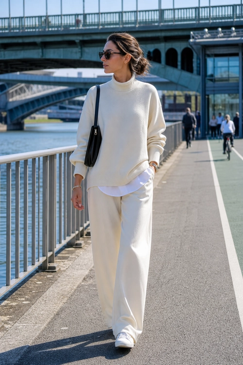 A person wearing a cream turtleneck sweater, layered white shirt, wide-leg trousers, white sneakers, sunglasses, and a black shoulder bag while walking beside a river.