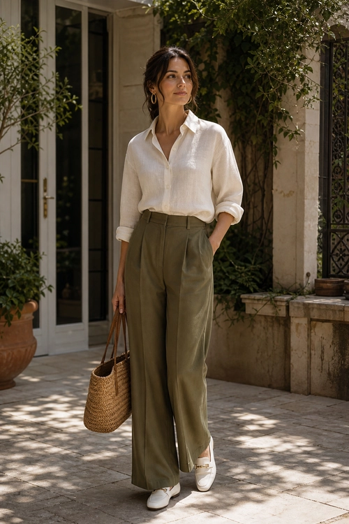 A woman wears a cream button-down shirt with olive wide-leg trousers, white loafers, and a woven tote bag.