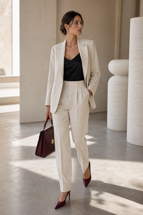 Cream Suit with Black Camisole A tailored cream blazer and pleated trousers styled with a black camisole, burgundy pointed-toe heels, and a structured burgundy handbag.