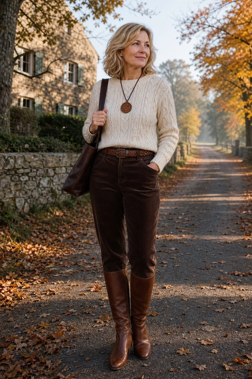 Cream Sweater and Brown Boots Outfit A woman wears a cream cable-knit sweater with brown trousers, tall brown boots, a leather tote, and a pendant necklace on an autumn path.