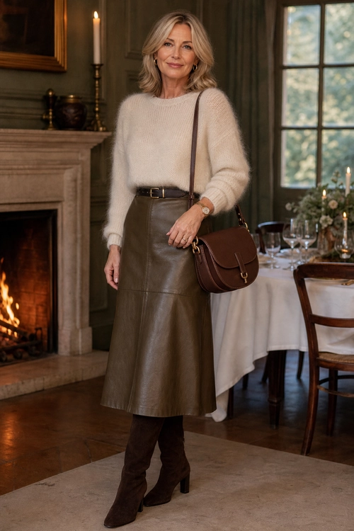 Cream Sweater and Brown Leather Skirt Outfit A woman wears a cream knit sweater with a brown leather midi skirt, dark brown boots, and a matching shoulder bag.