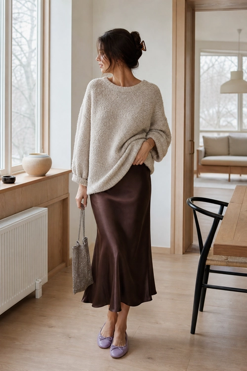Cream Sweater and Satin Midi Skirt A cream knit sweater is styled with a brown satin midi skirt, lavender ballet flats, and a metallic beaded handbag.