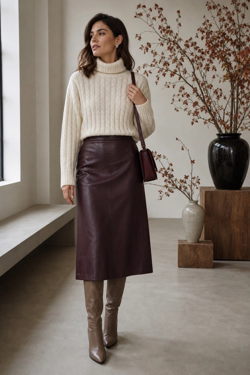 Cream Sweater and Burgundy Leather Skirt Woman wearing a cream cable-knit turtleneck sweater with a burgundy leather midi skirt, knee-high boots, and a matching shoulder bag.
