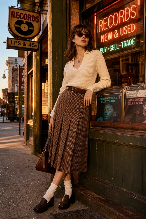 Woman wearing a cream ribbed sweater, brown checked pleated midi skirt, loafers, socks, sunglasses, and a shoulder bag outside a record store.