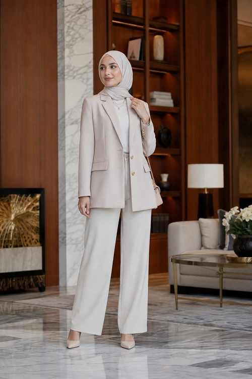 Elegant Cream Tailored Suit A woman wearing a cream tailored blazer and wide-leg trousers with a matching hijab and pointed-toe heels.
