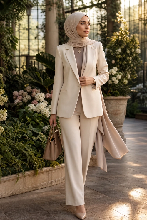 Elegant Cream Tailored Suit A woman wearing a cream tailored blazer and trousers with a taupe hijab, pointed heels, and a structured handbag.