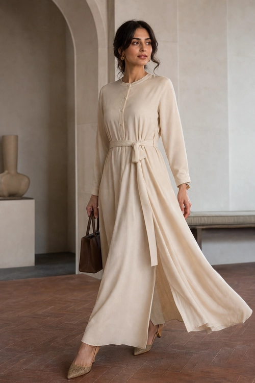 A woman wears a flowing cream long-sleeved tie-waist dress with pointed heels and carries a brown handbag.