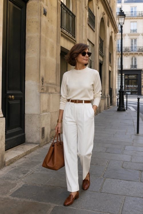 Cream Top and White Trousers Woman wearing a cream long-sleeve top, white trousers, brown belt, brown leather loafers, sunglasses, and carrying a brown leather tote.
