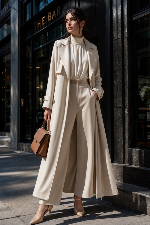 Elegant Cream Trench Coat Outfit A woman wears a long cream trench coat over a high-neck blouse and wide-leg trousers with pointed heels and a structured brown handbag.