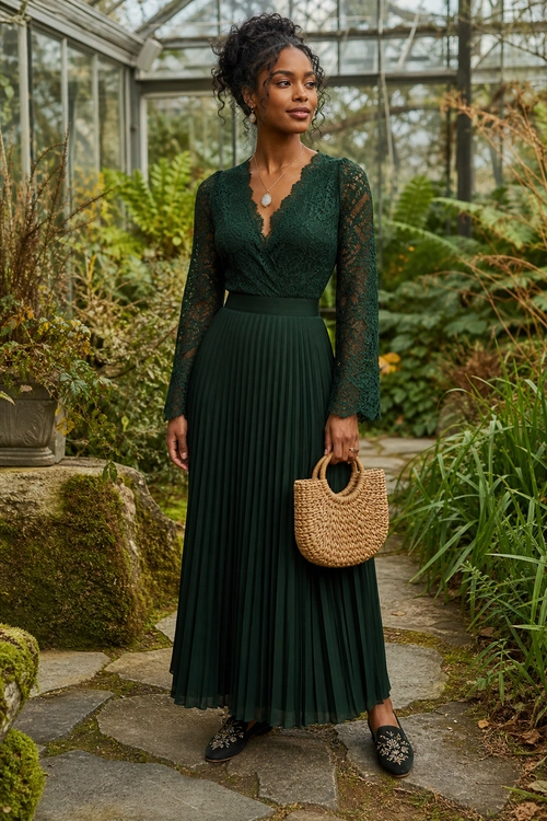 Dark Green Lace Pleated Dress A woman wears a dark green long-sleeve lace dress with a pleated maxi skirt, woven handbag, pendant necklace, and black embroidered loafers.