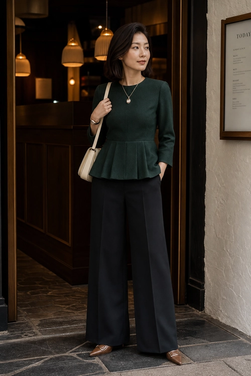Dark Green Peplum Top and Wide-Leg Trousers A woman wears a dark green long-sleeve peplum top with black wide-leg trousers, brown pointed-toe shoes, a cream shoulder bag, and a pendant necklace.