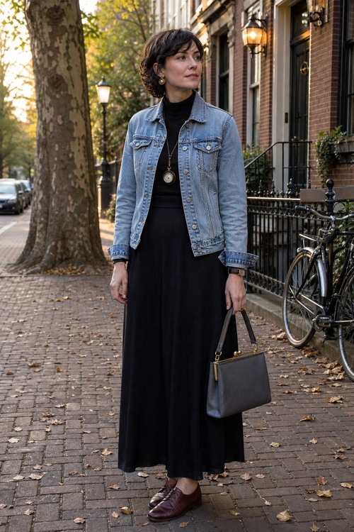 Denim Jacket with Black Midi Dress A woman wears a light blue denim jacket over a black high-neck midi dress with a pendant necklace, structured handbag, and burgundy loafers.