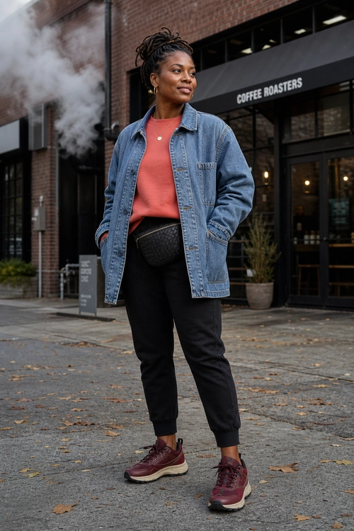 Casual outfit featuring a blue denim jacket, coral top, black jogger pants, black waist bag, and burgundy sneakers with cream soles.