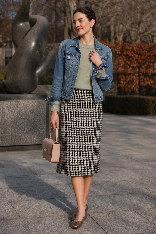 A woman wears a denim jacket over a sage green sweater with a black-and-white houndstooth midi skirt, brown flats, and a blush pink handbag.