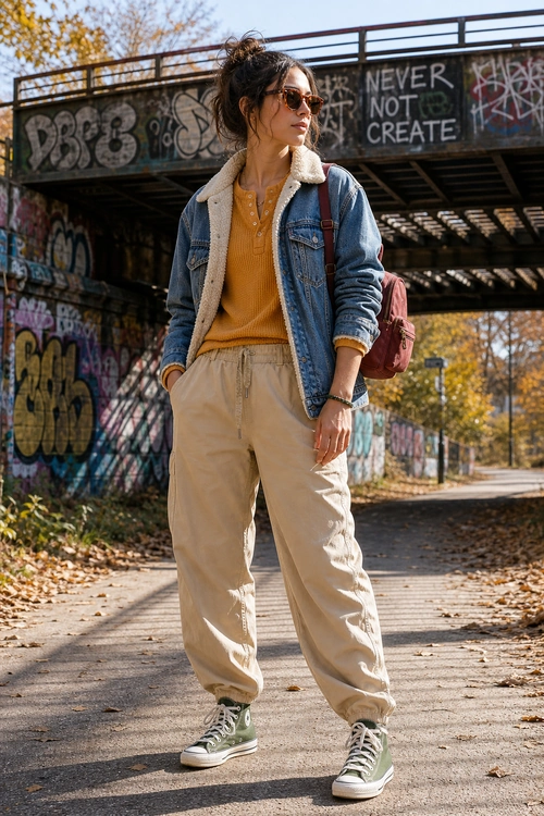 Layered Denim Jacket and Cargo-Style Pants Outfit A person wears a sherpa-collar denim jacket over a mustard knit top with beige relaxed pants, high-top sneakers, sunglasses, and a burgundy backpack.