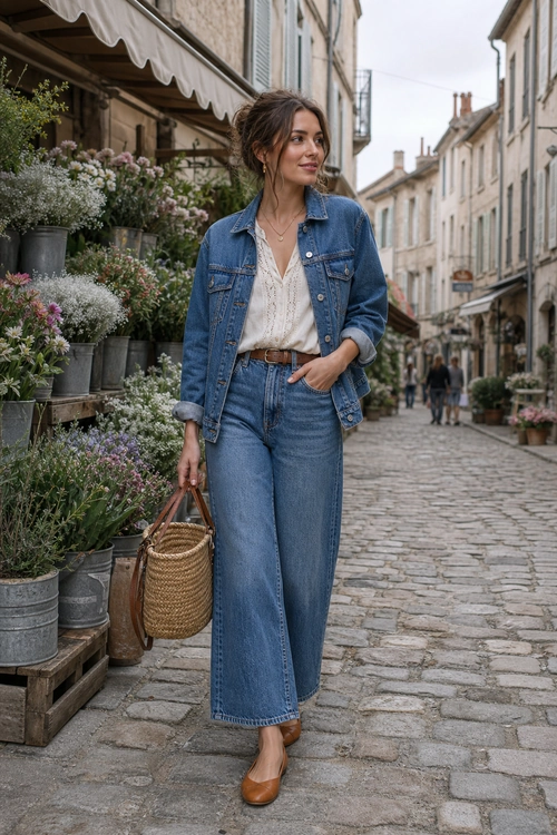 Denim Jacket and Wide-Leg Jeans Woman wearing a denim jacket over a cream blouse with wide-leg jeans, brown shoes, and a woven basket bag on a cobblestone street.