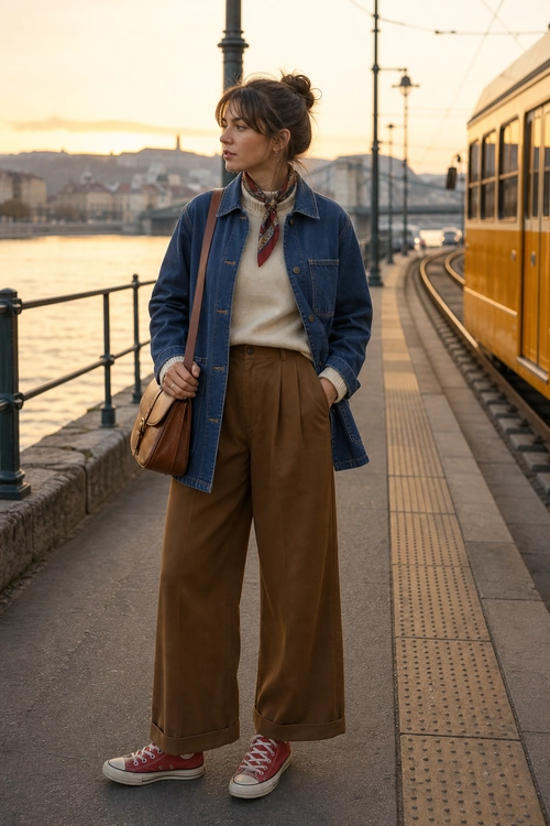 A casual outfit featuring a blue denim jacket, cream sweater, brown wide-leg trousers, red sneakers, a patterned neck scarf, and a brown shoulder bag.