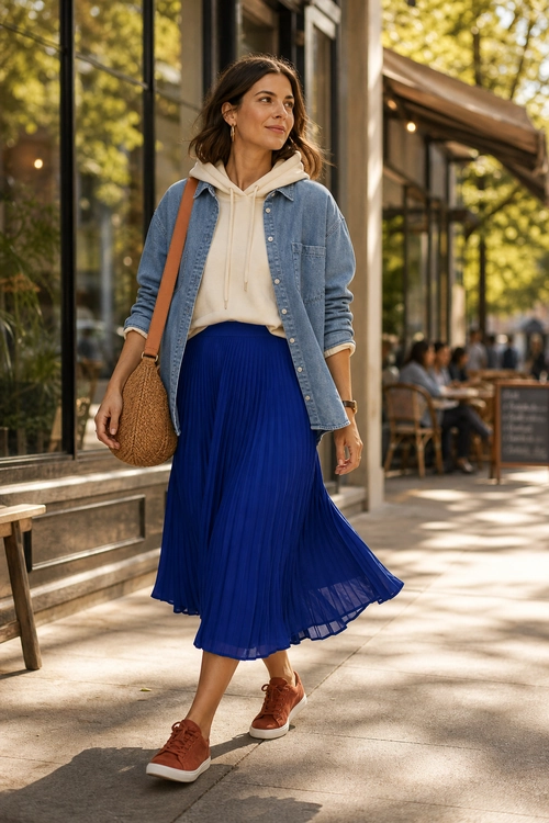 A casual outfit featuring a light denim shirt over a cream hoodie, a cobalt blue pleated skirt, rust sneakers, and a woven shoulder bag.