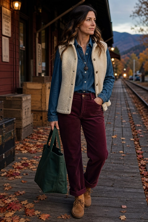 Denim Shirt and Cream Vest Outfit A layered outfit featuring a blue denim shirt, cream button-front vest, burgundy trousers, tan boots, and a dark green tote bag.