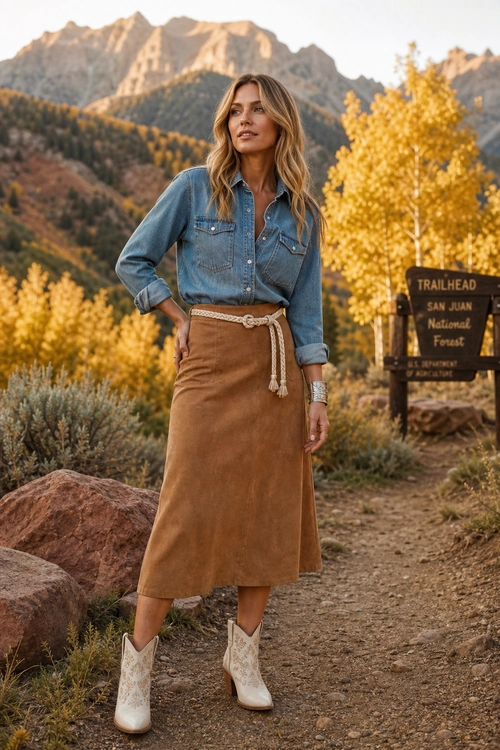 Denim Shirt and Western Midi Skirt A woman wears a blue denim button-up shirt, brown midi skirt, braided belt, and white Western boots on a mountain trail.