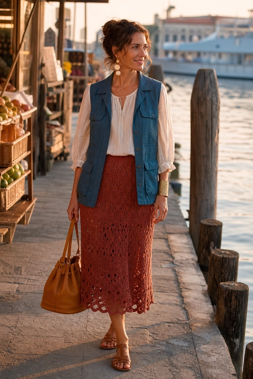A woman wears a blue denim utility vest over a cream blouse with a rust crochet midi skirt and brown sandals.